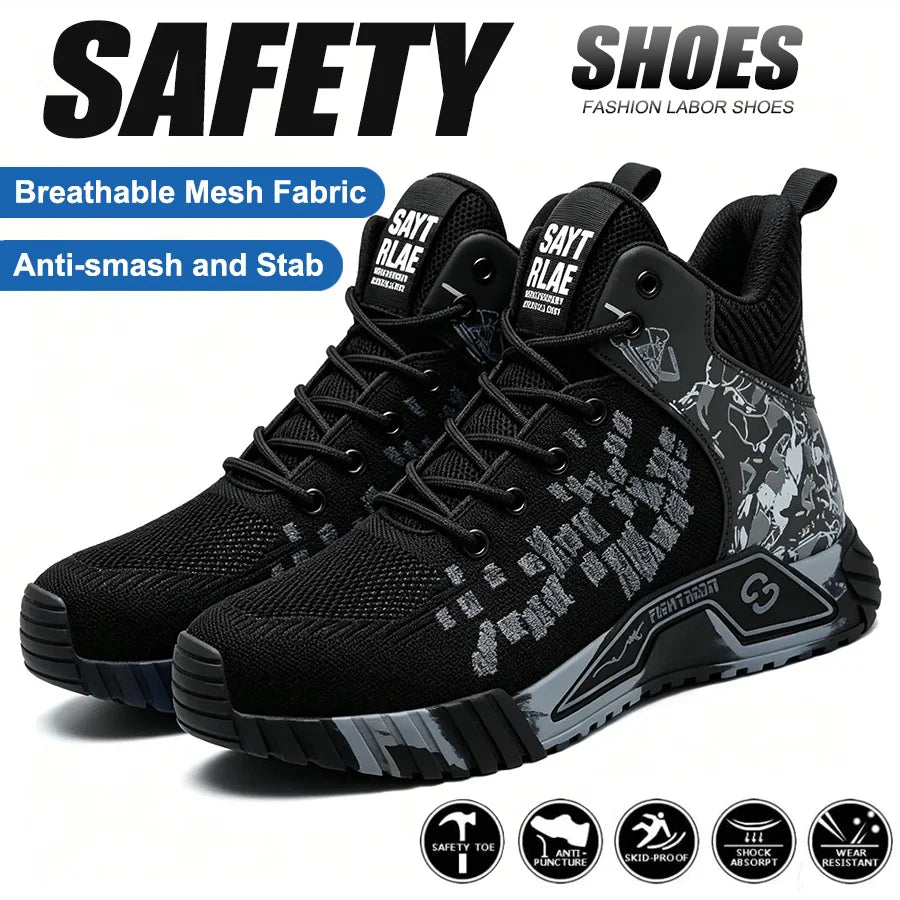 Black breathable steel toe safety shoes with camouflage pattern details