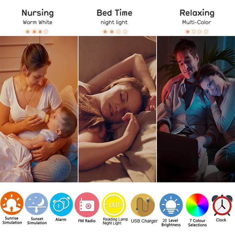 Features of a sunrise alarm clock shown through use cases like nursing, sleeping, and relaxing with icon explanations