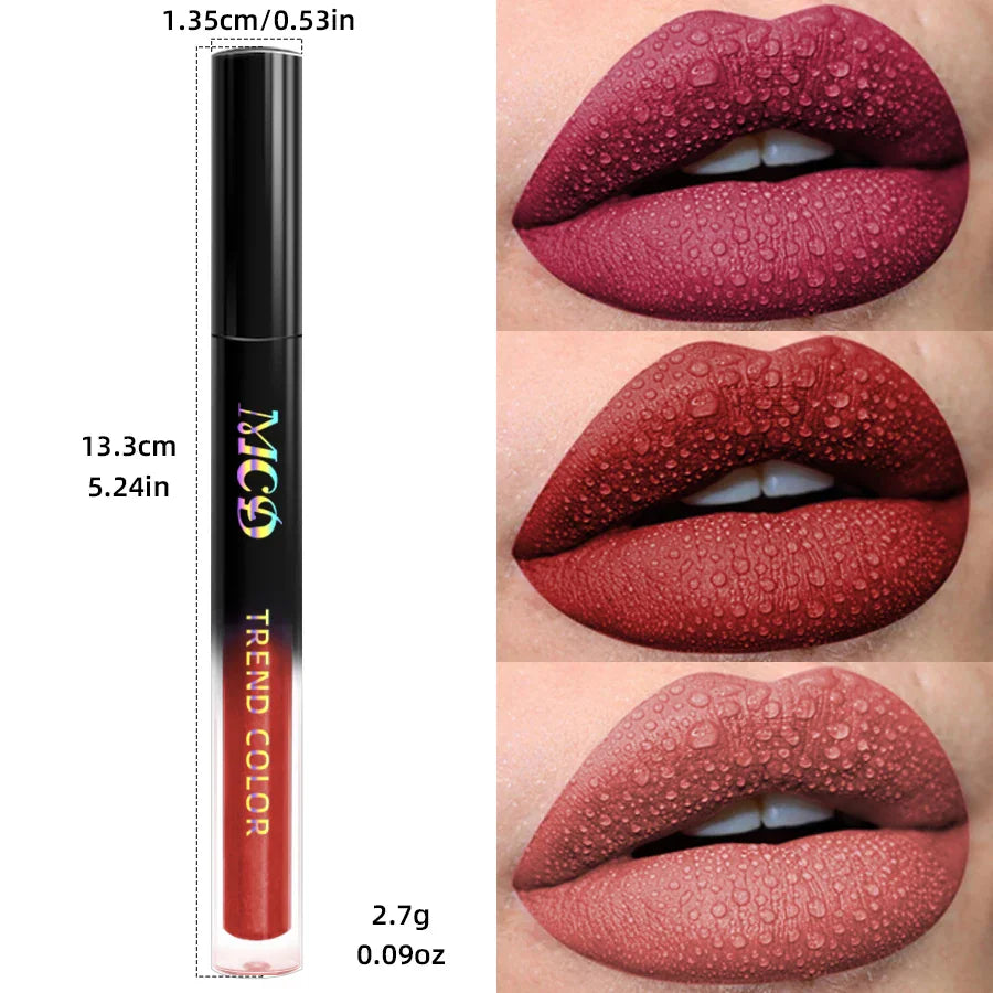 Liquid lipstick product tube displayed next to lip swatches of different colors