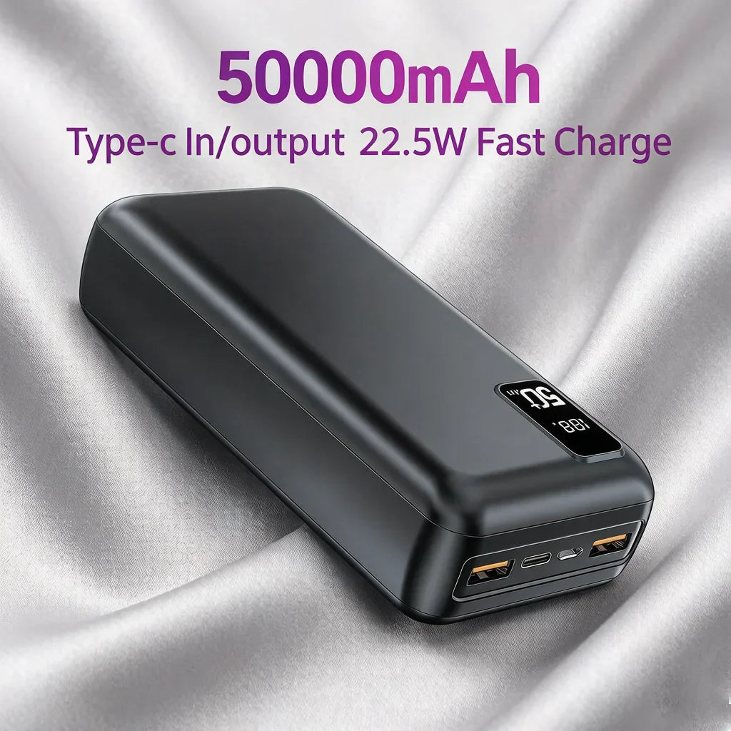 Black 50000mAh portable power bank with LED display
