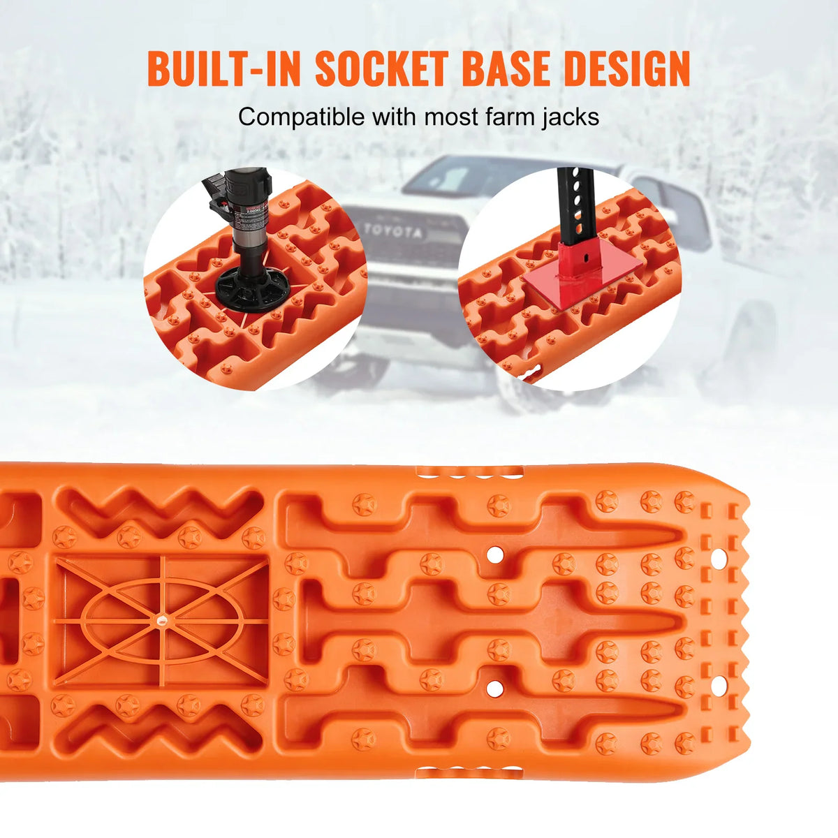 Orange recovery traction boards showing built-in socket base design for compatibility with farm jacks.
