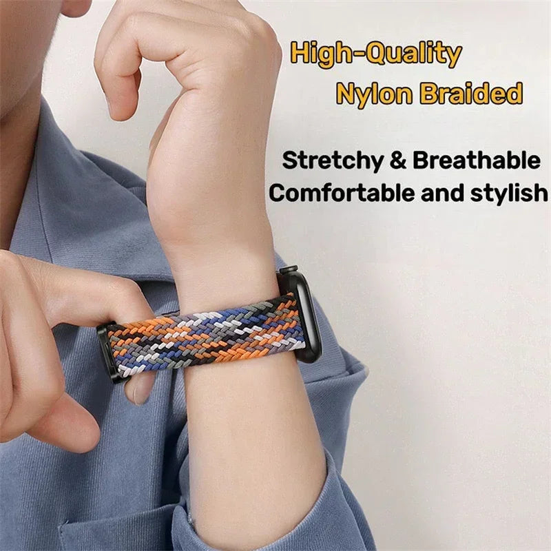 A multi-colored braided watch band on a wrist with marketing text overlays.