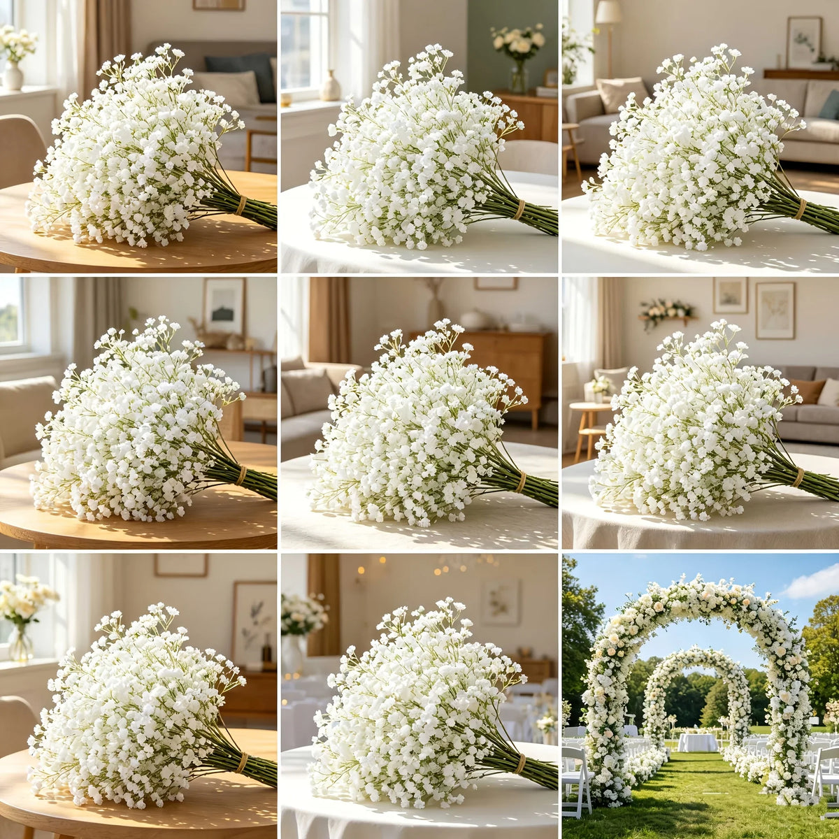 A collage showing various arrangements and indoor settings featuring white baby's breath flower bouquets.