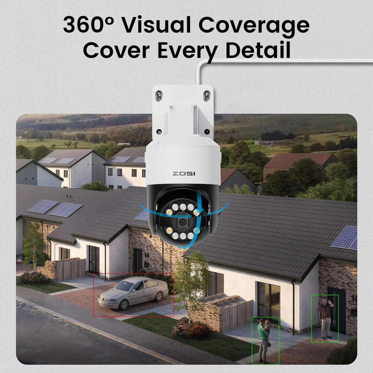 Security camera showing 360-degree visual coverage with AI motion tracking