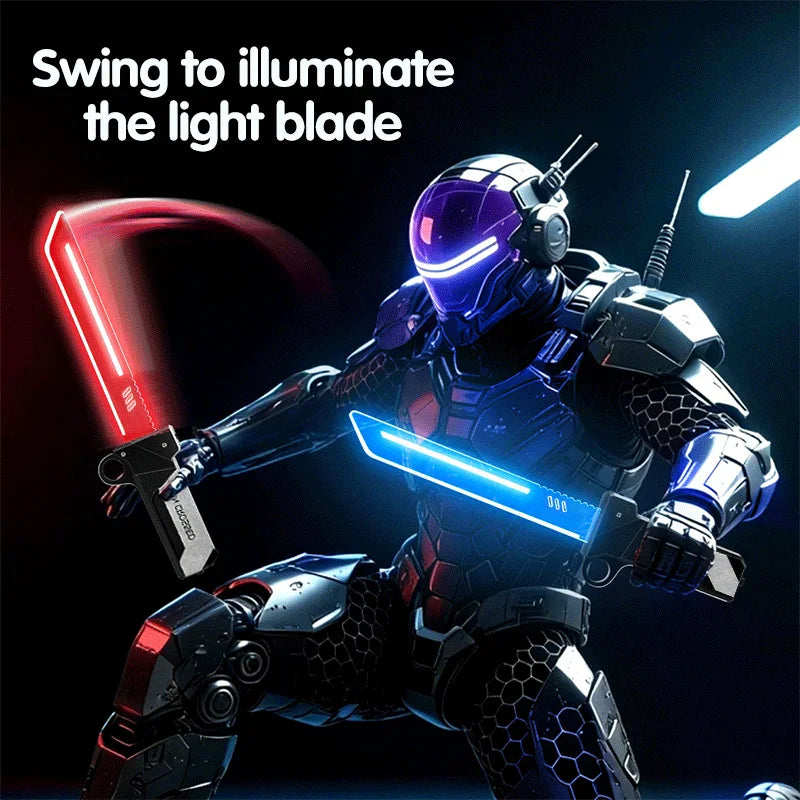 Person in a robotic suit demonstrating the use of glowing red and blue light-up swords.