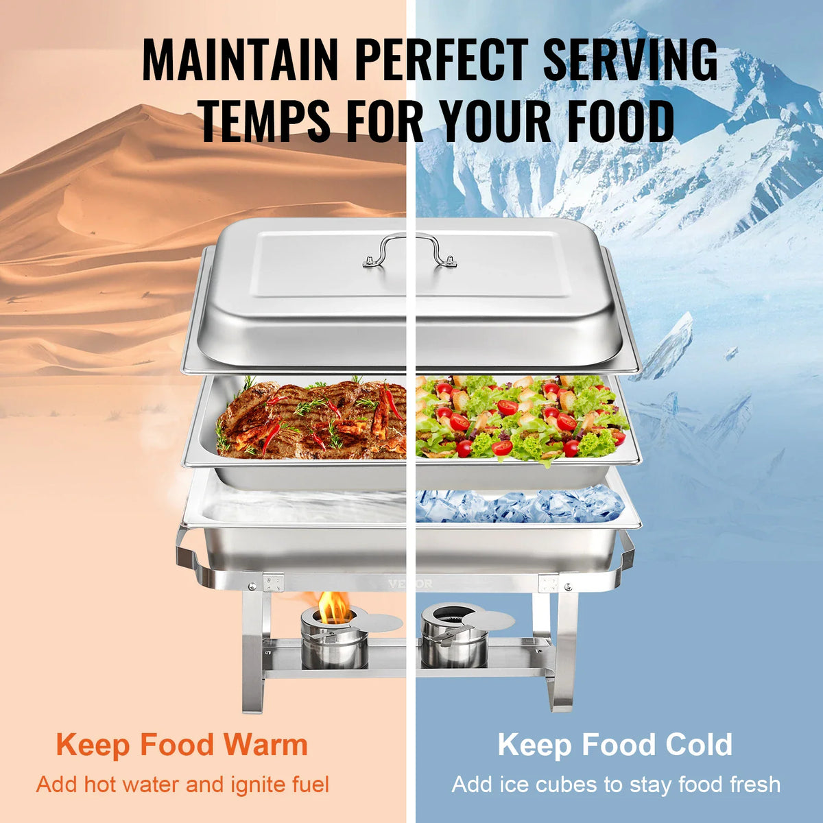 Diagram showing a chafing dish used to keep food warm with fuel or cold with ice.
