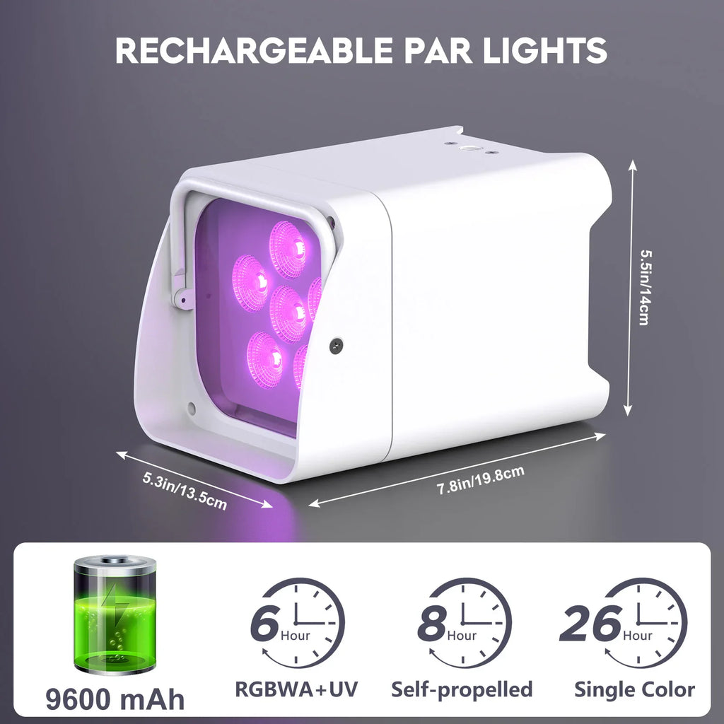 Rechargeable wireless LED par light with technical specifications and battery life details