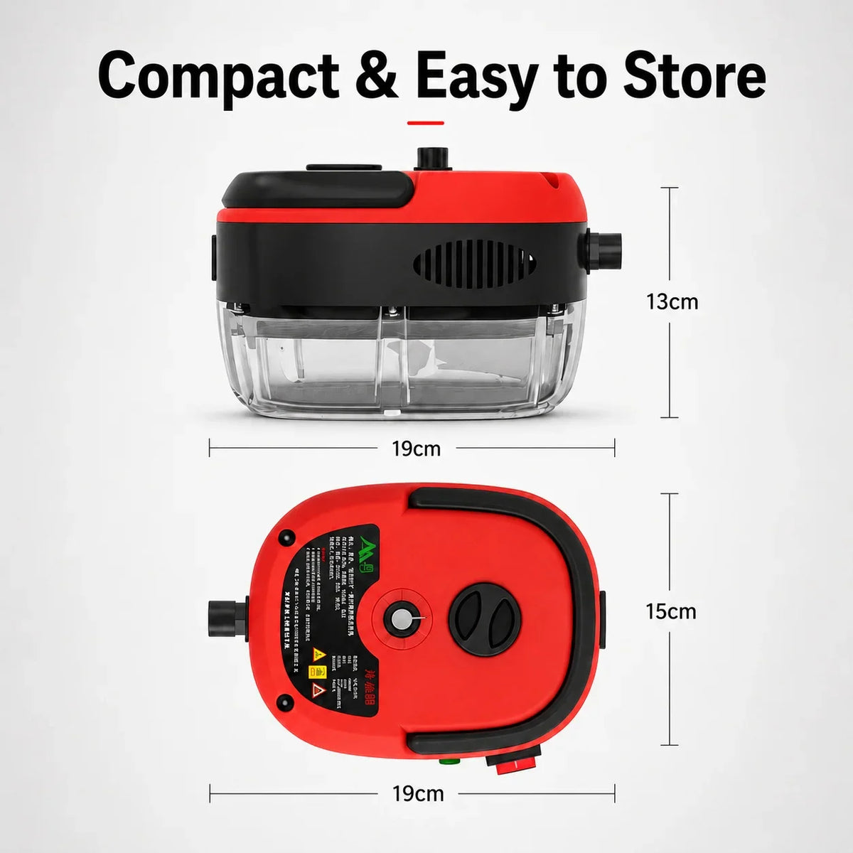 Dimensions of the red and black portable steam cleaning machine for storage reference