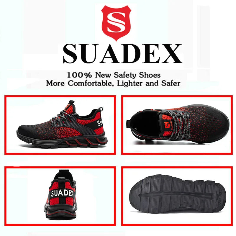 Four views of red and black safety shoes