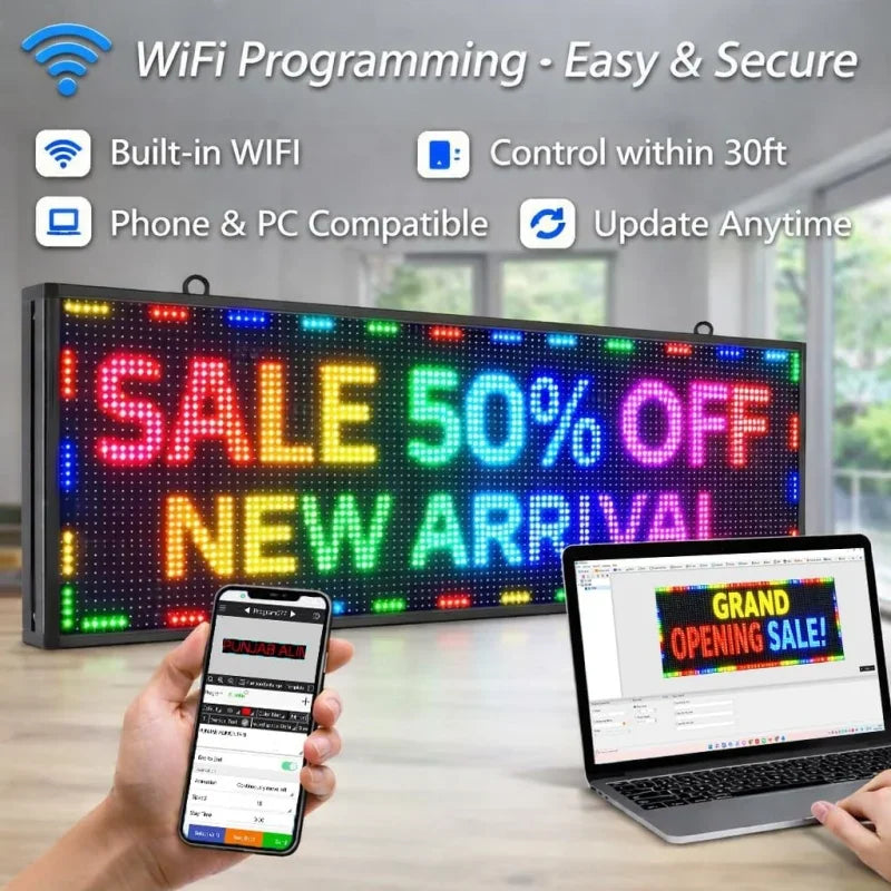 LED message board controlled by smartphone and computer via WiFi
