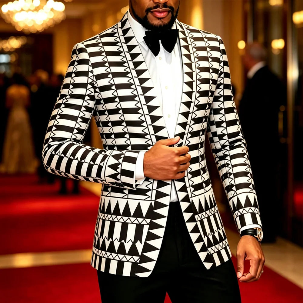 A man in a black and white geometric print blazer with a black shawl lapel and bow tie at a formal event.