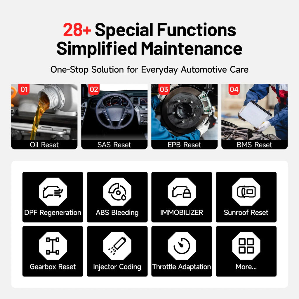 Automotive scanner 28 special functions menu including oil reset, SAS reset, EPB reset, and BMS reset