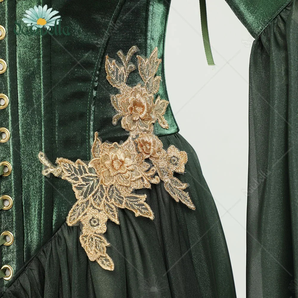 Detail of floral lace embroidery on a green renaissance dress