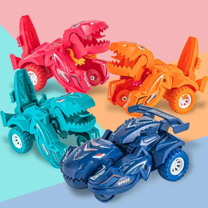 Four colorful dinosaur transforming car toys in various shades