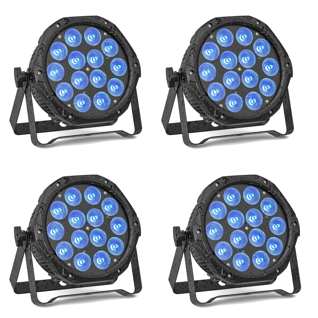 Four identical black circular LED stage par lights with adjustable mounting brackets