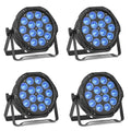 Four identical black circular LED stage par lights with adjustable mounting brackets