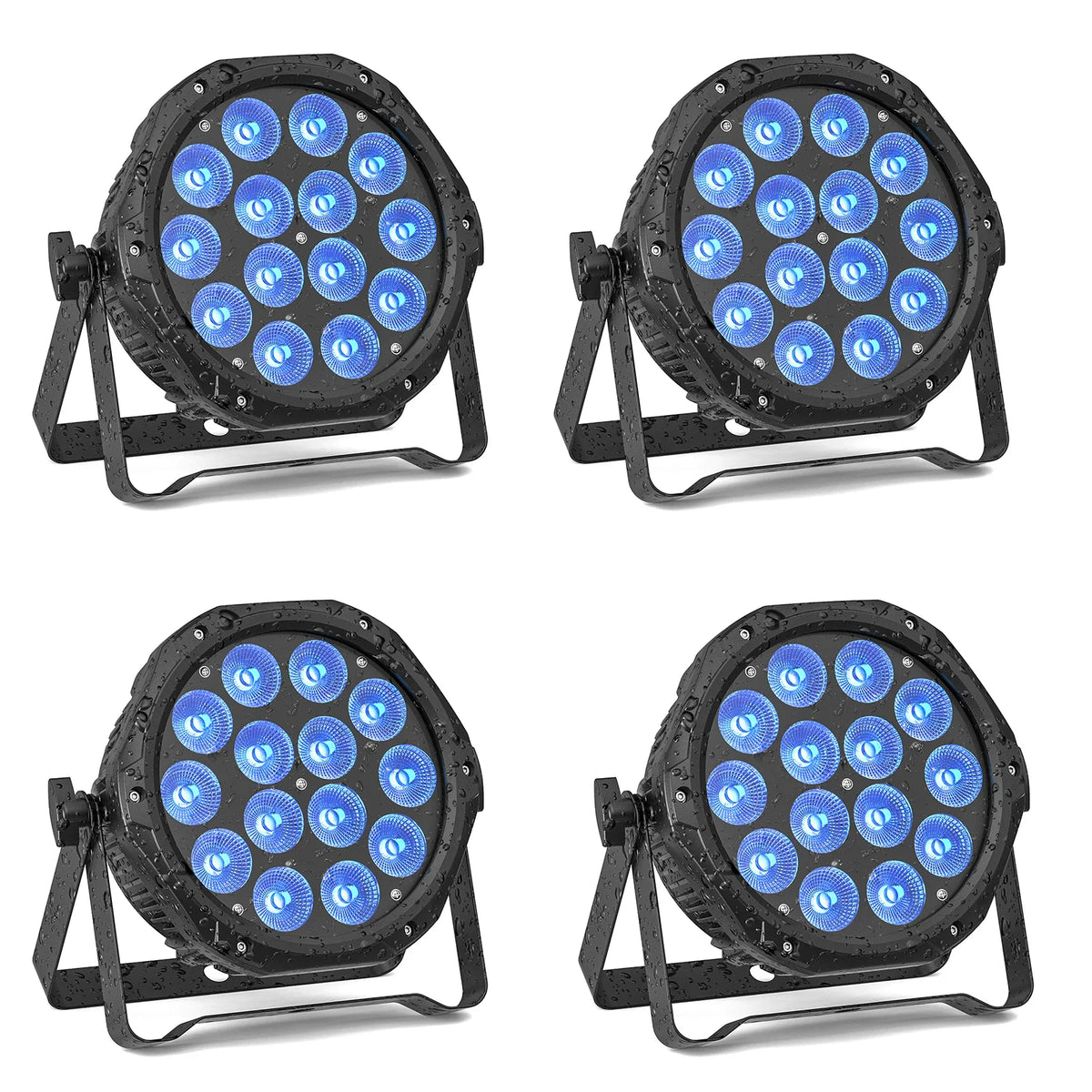 Four identical black circular LED stage par lights with adjustable mounting brackets