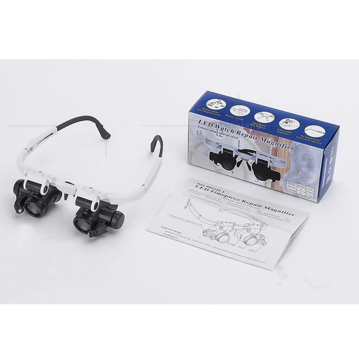 Head-mounted magnifier glasses shown with its product box and instruction manual