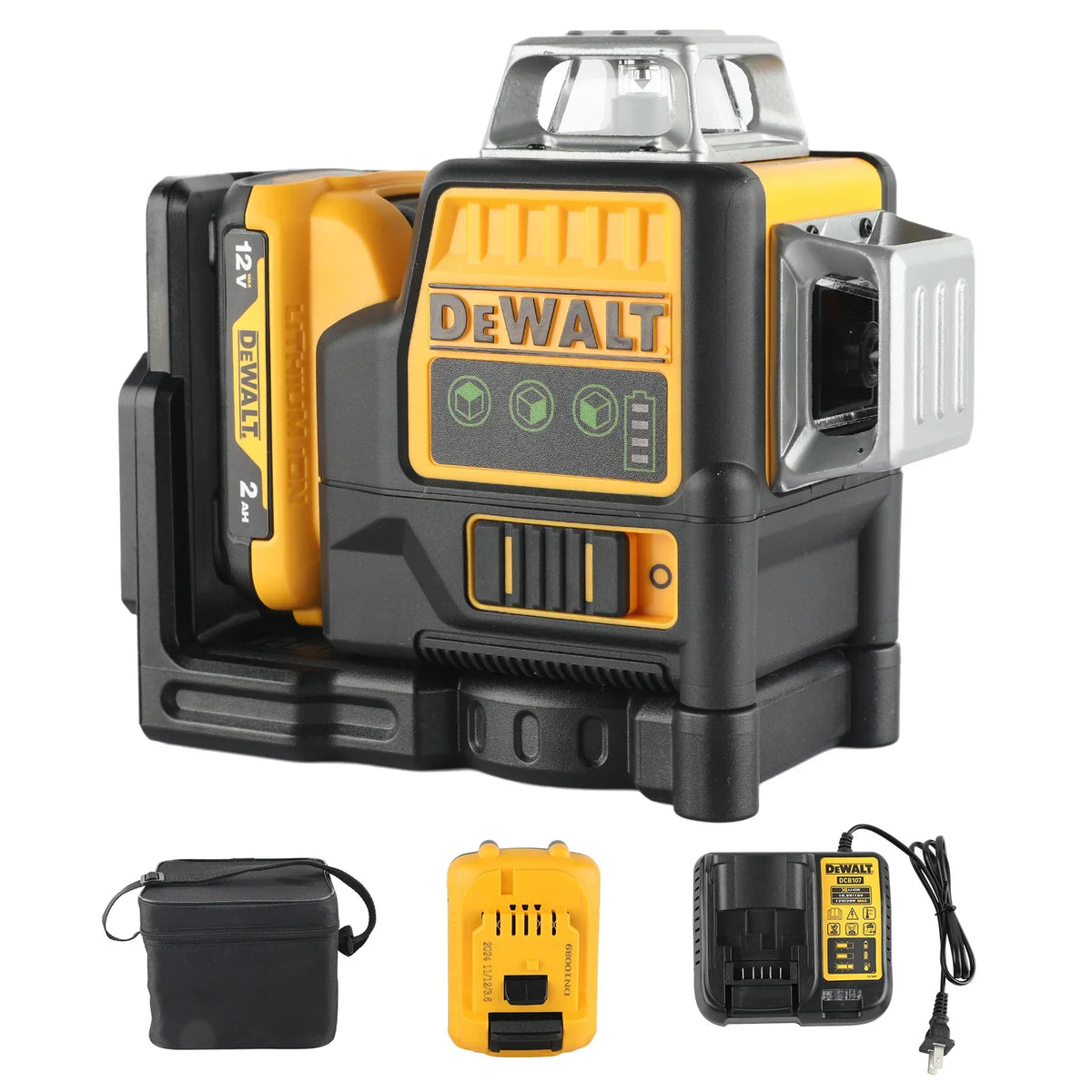 A 12V cordless green line laser level kit including a battery, charger, and carrying case.