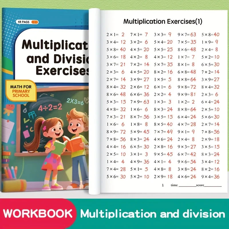 A workbook page of multiplication exercises alongside a smaller view of the book cover.