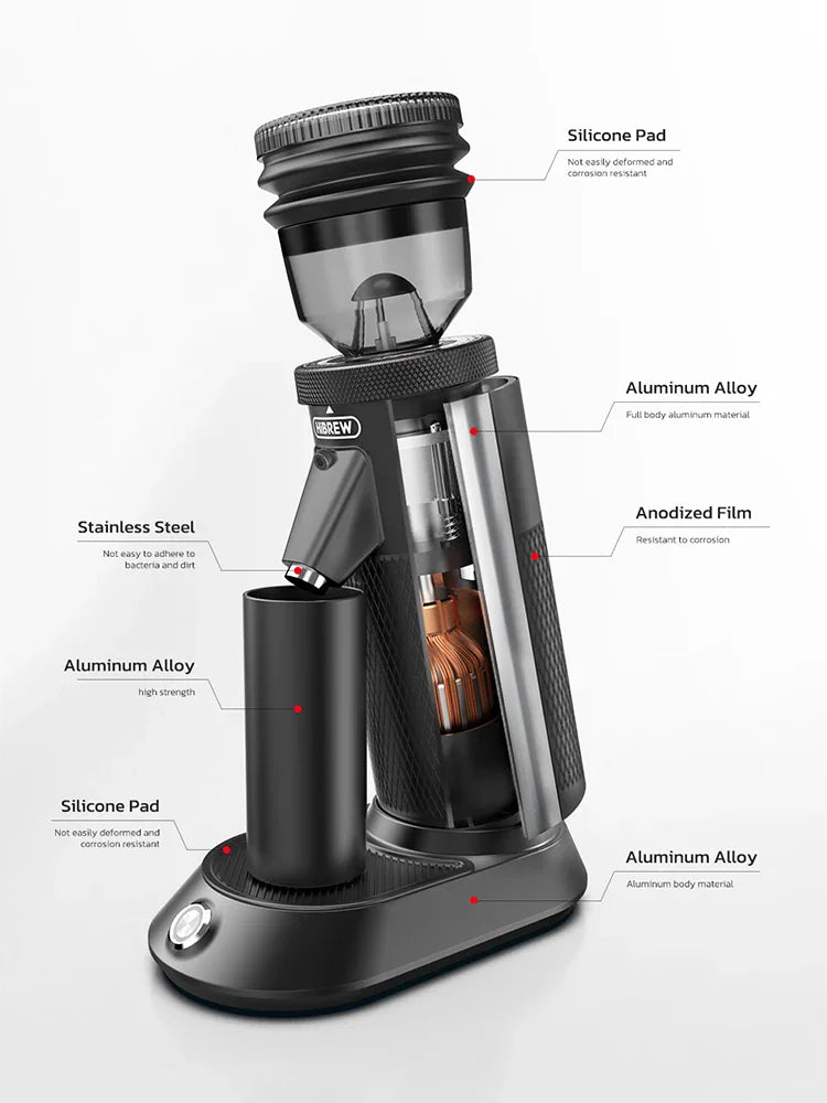 Technical diagram showing materials and internal construction of the electric coffee grinder
