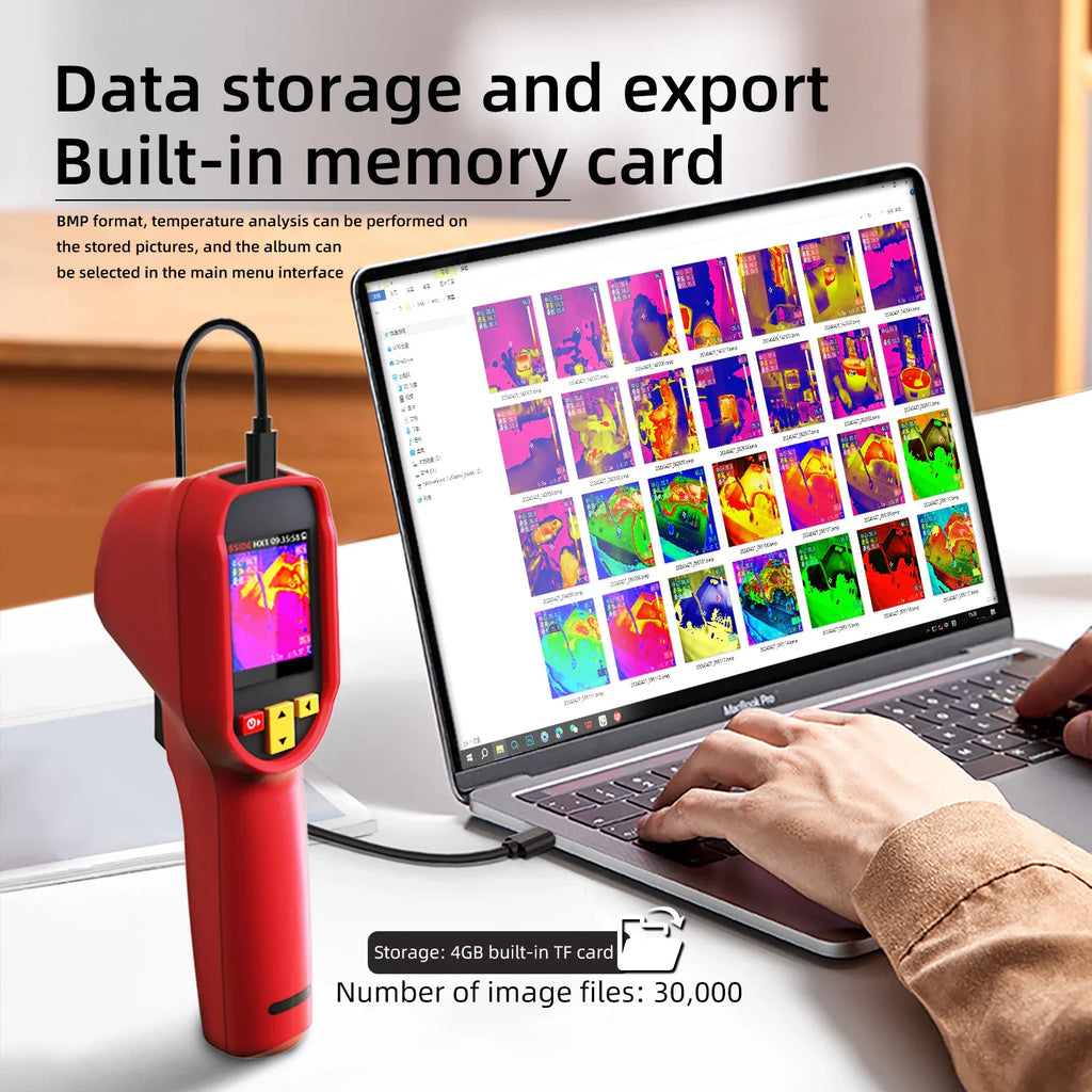 Red thermal camera connected to a laptop via USB displaying saved thermal image files on the screen.