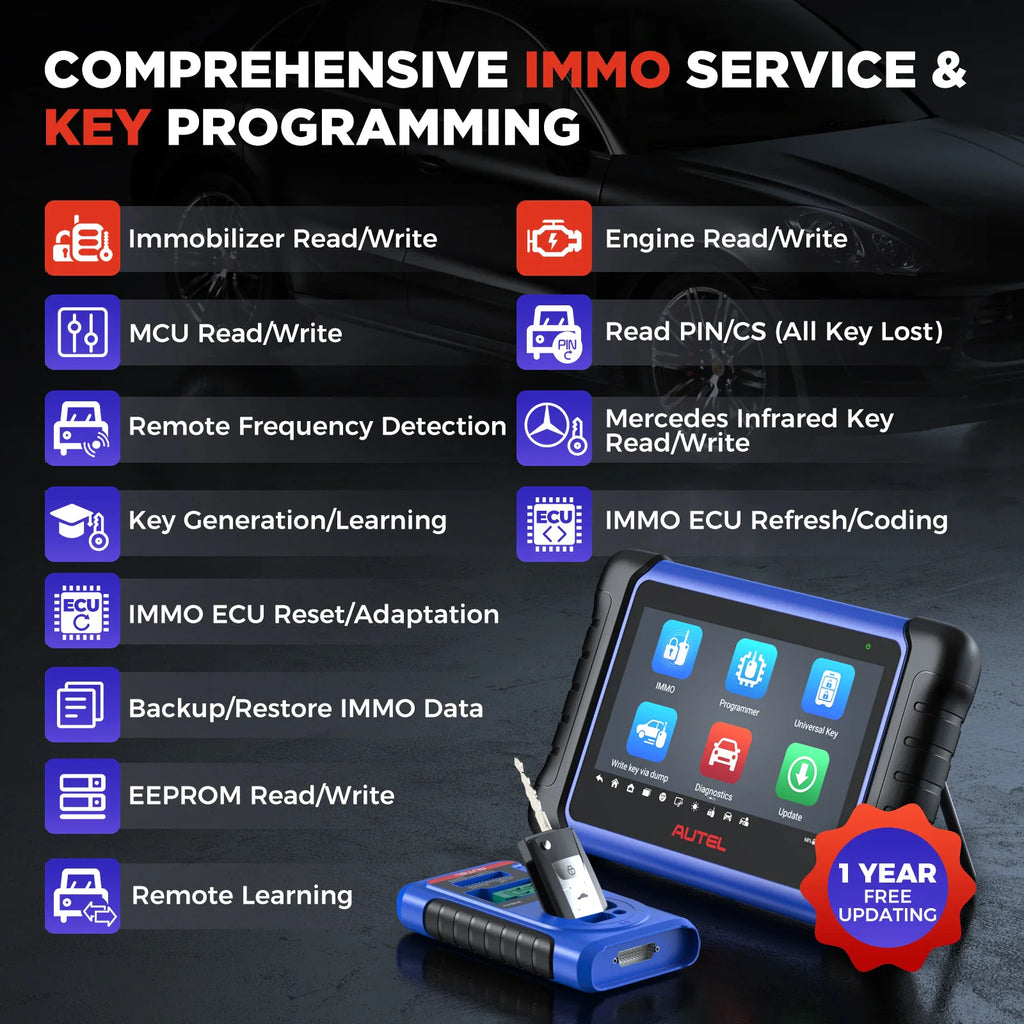 Automotive tablet and key programmer displaying immobilizer and key programming services.
