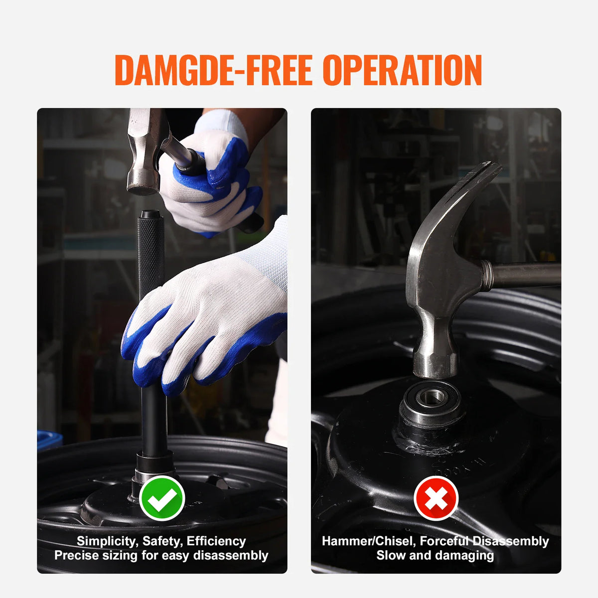 Instructional photo showing correct and incorrect methods for using a bearing and seal driver