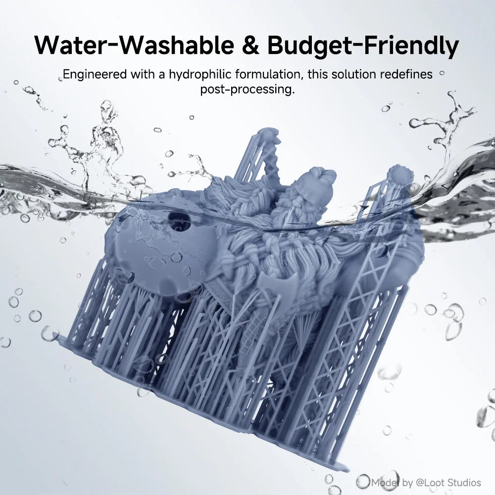 3D printed winged figure submerged in water for water-washable resin demonstration