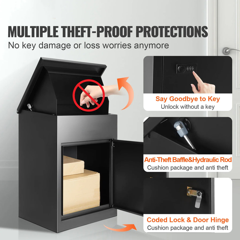Features of a secure black package delivery box showing the keyless coded lock and anti-theft internal baffle mechanism.