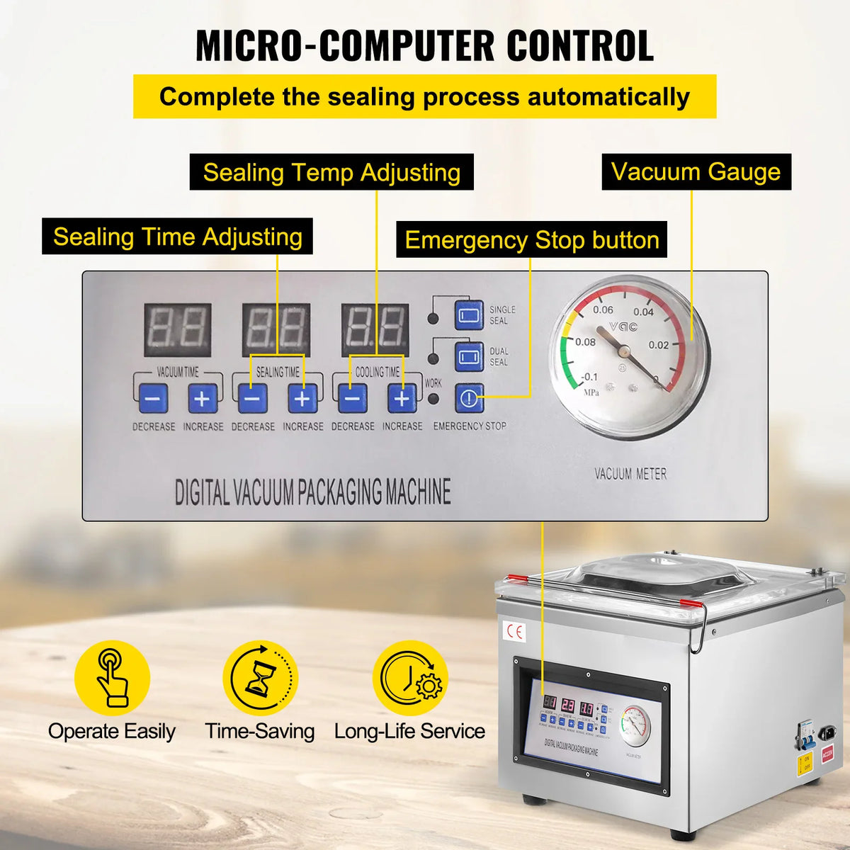 Digital control panel interface of a vacuum packaging machine with labeled functions