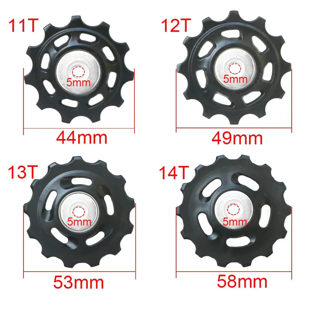 Technical diagram showing the diameter and bearing size of 11T, 12T, 13T, and 14T derailleur pulleys