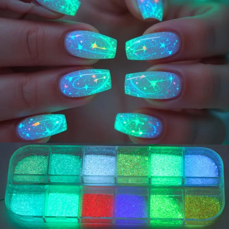 12-grid set of glowing nail glitter powder in various colors with examples of glow-in-the-dark nail art