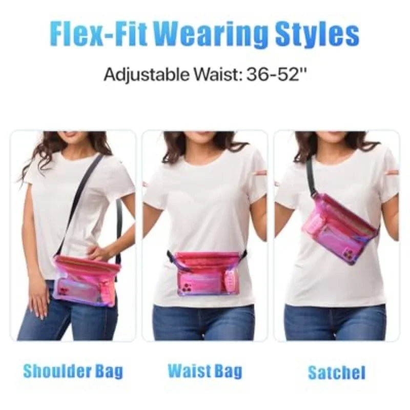 A woman demonstrating three different ways to wear a transparent waterproof bag