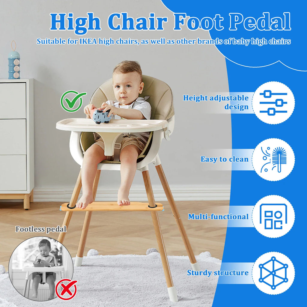 Bamboo footrest attached to a baby highchair showing height adjustment and stability