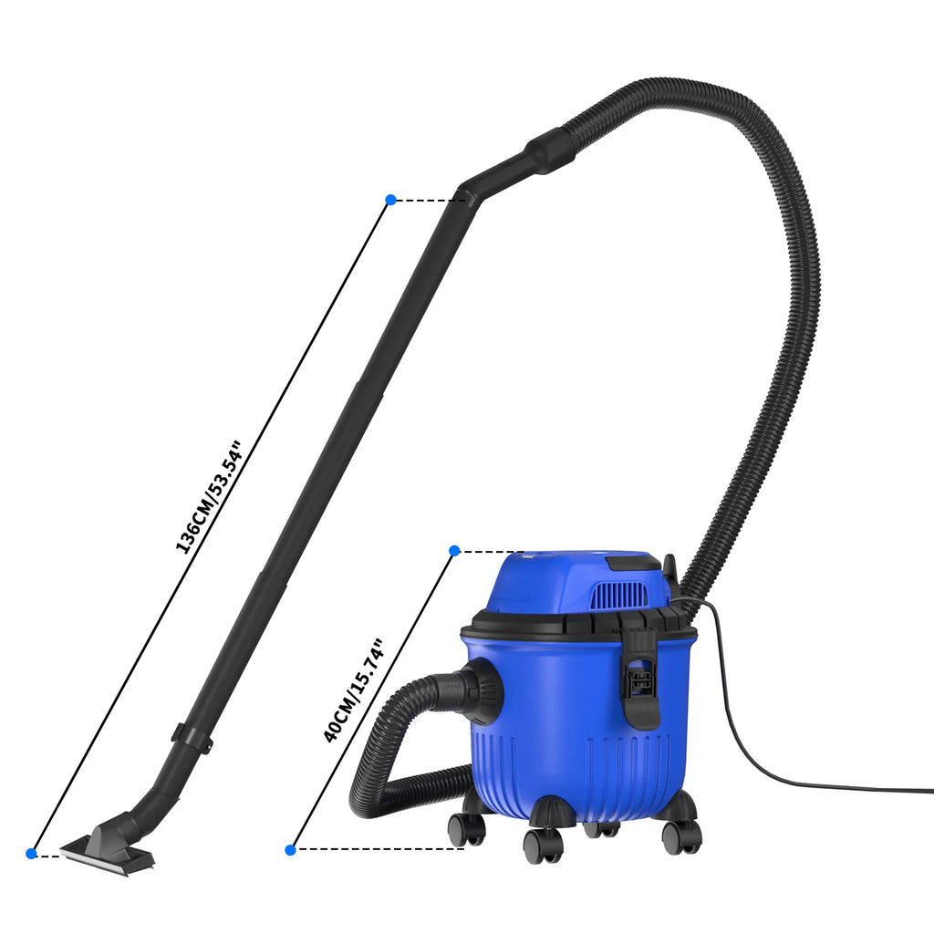 Blue industrial wet and dry vacuum cleaner with dimension labels indicating height