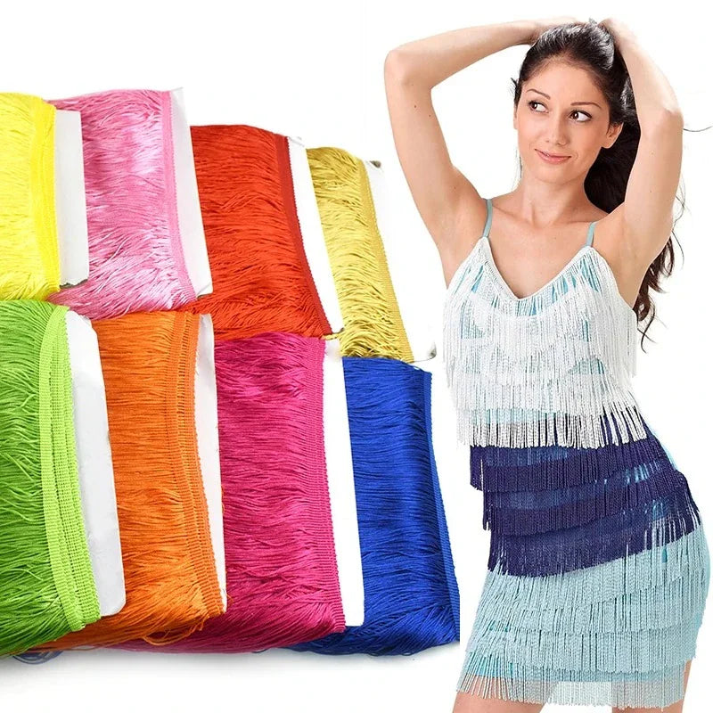 Colorful long tassel fringe trim rolls and a model wearing a fringed dress