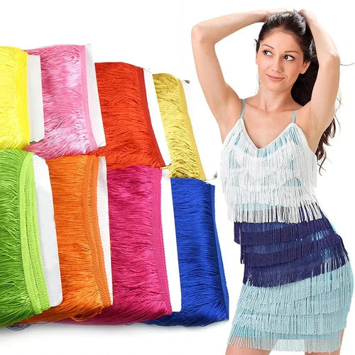 Colorful long tassel fringe trim rolls and a model wearing a fringed dress