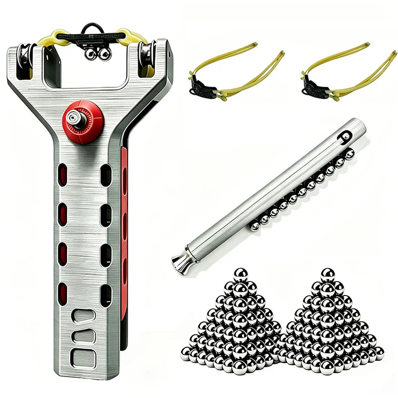 Handheld slingshot set with spare bands, magazine tube, and metal ammunition balls