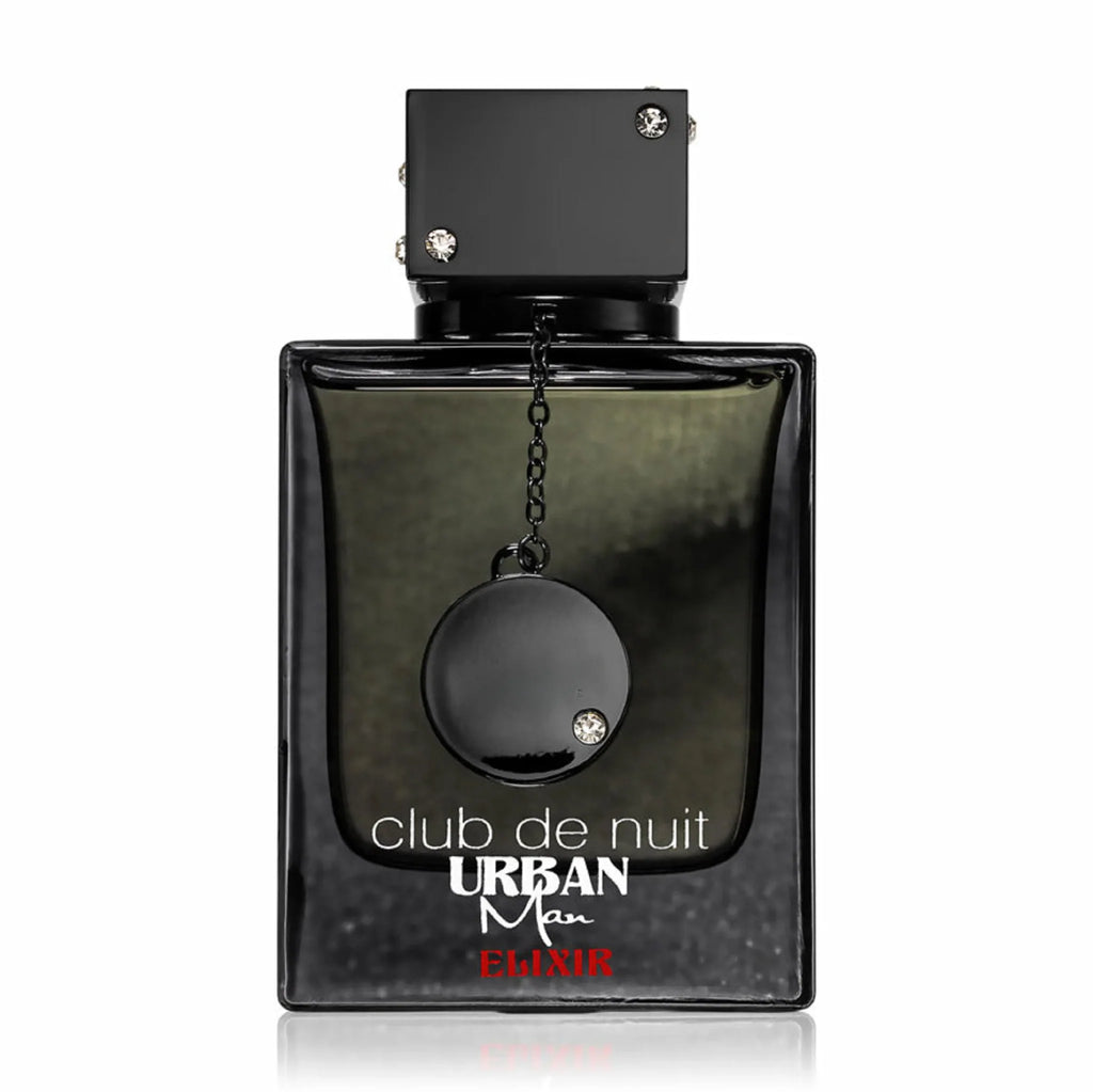 A black square glass perfume bottle with a dark liquid and a hanging circular charm.