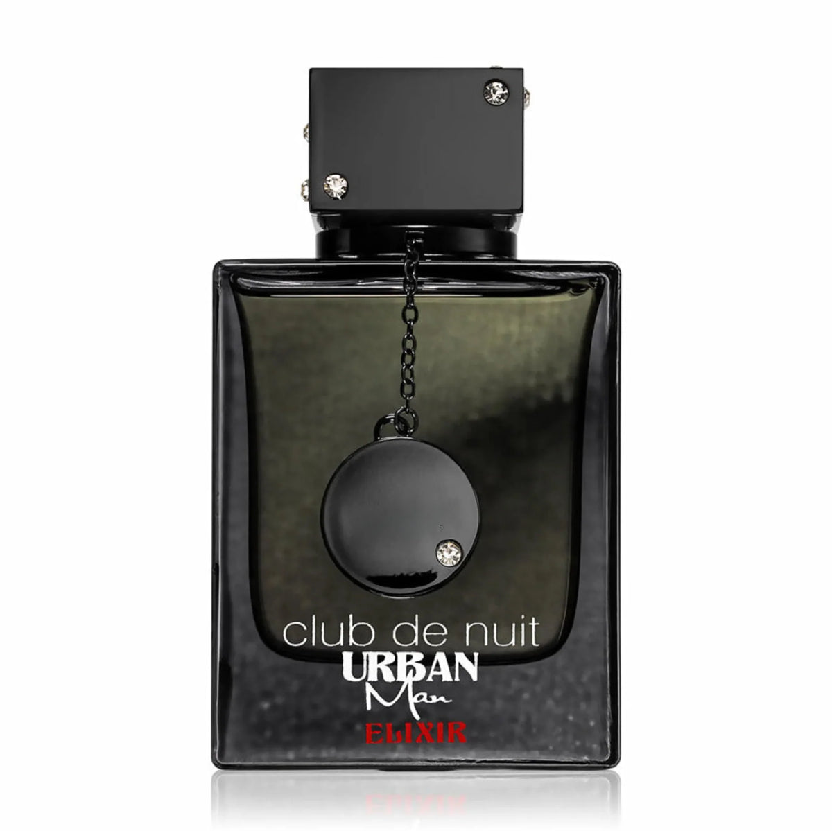 A black square glass perfume bottle with a dark liquid and a hanging circular charm.