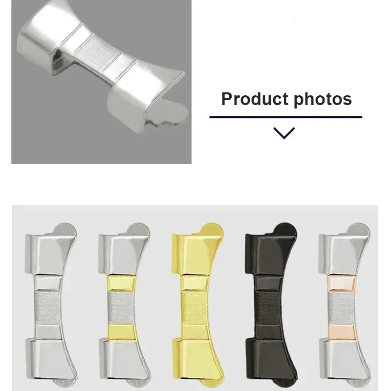 Metal watch band end connectors in various colors with product labels