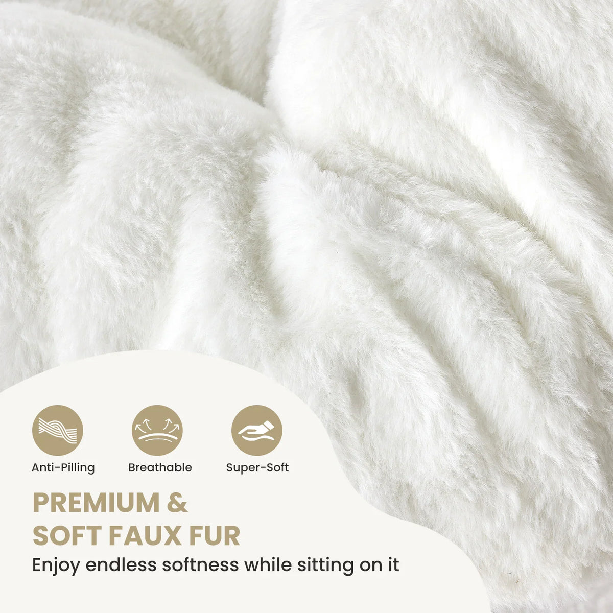 Close up of soft white faux fur texture with product feature icons