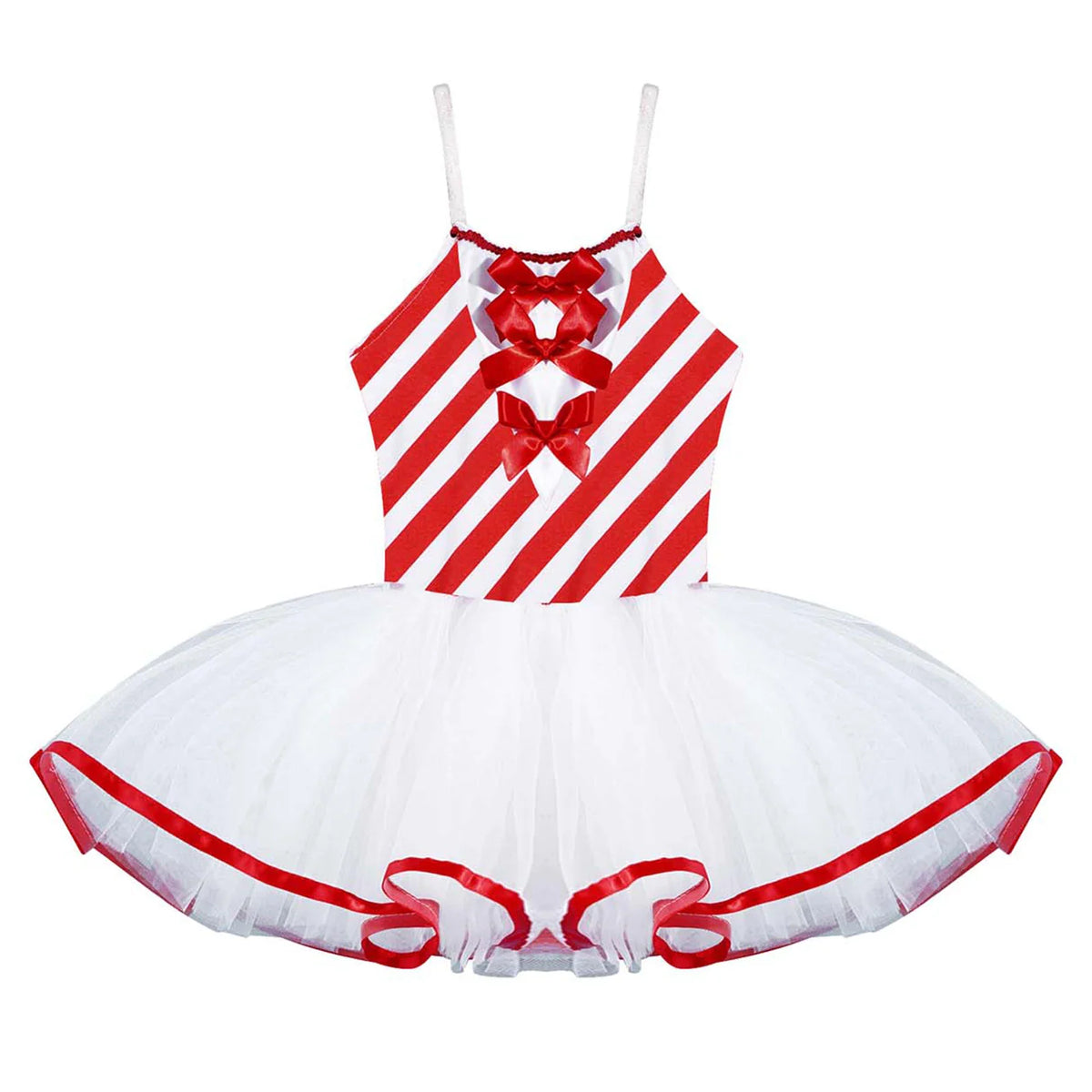 A front view of a red and white candy cane striped ballet dress with bow details on the bodice.
