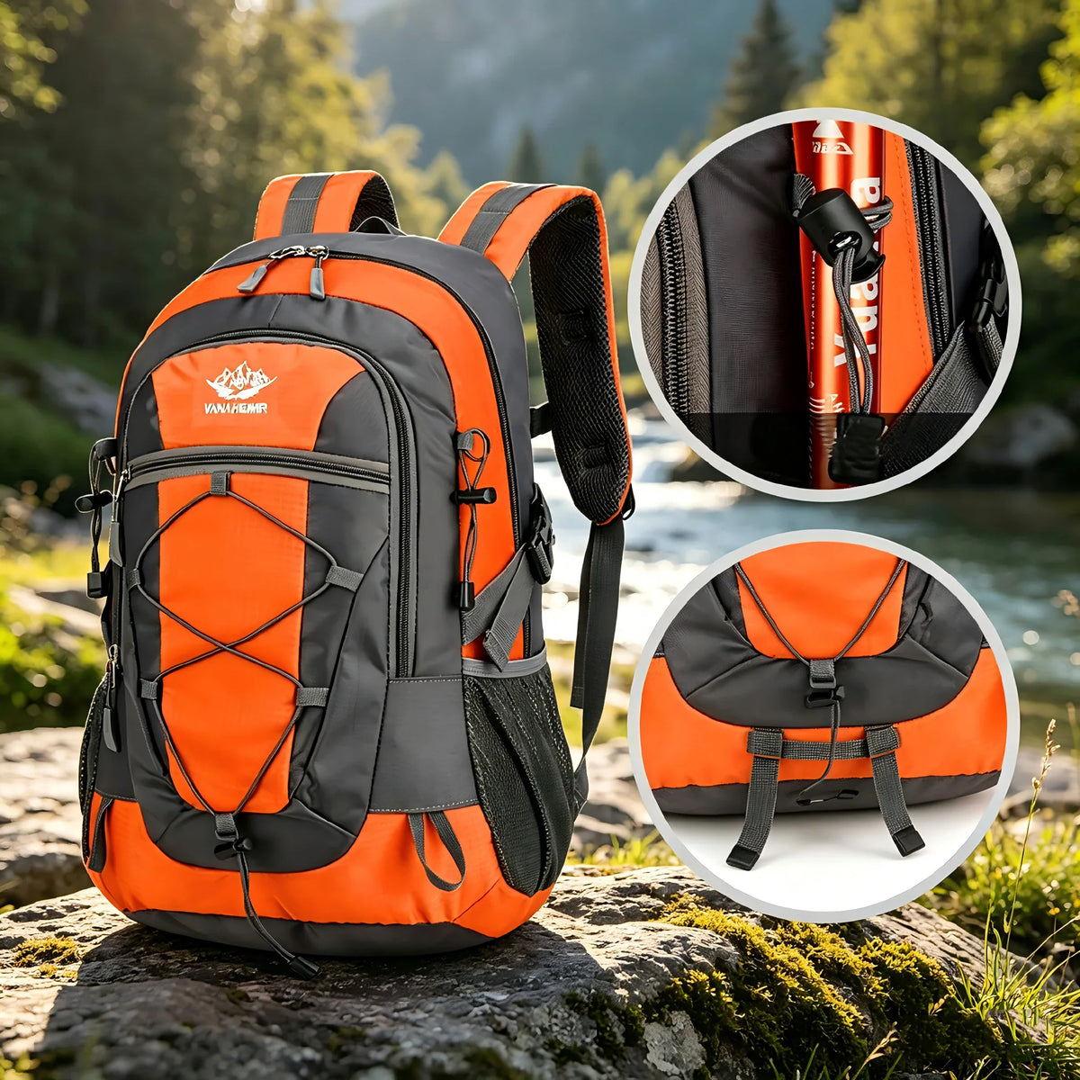 Hiking backpack on rocky ground with close-up of straps and pole holder