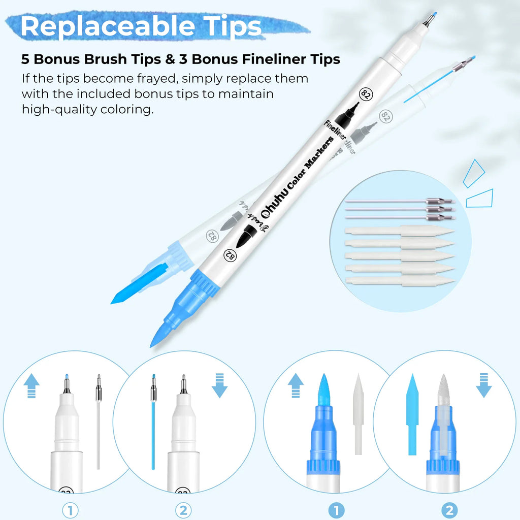 Diagram showing how to replace the brush and fineliner tips on a dual-tip marker set.