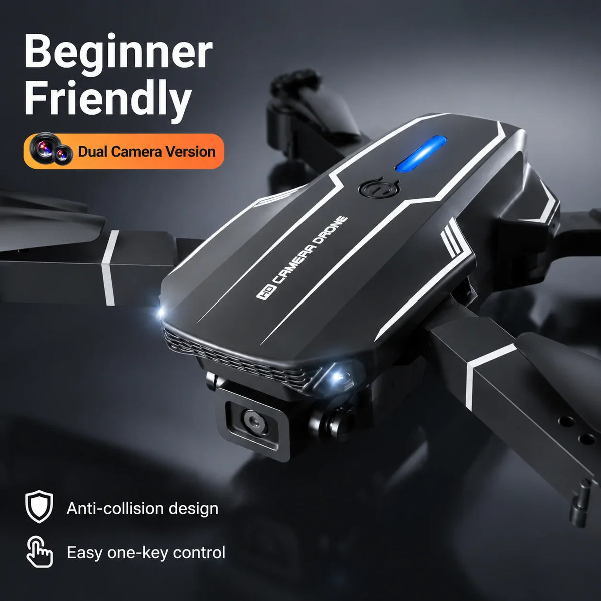 Close-up of a black foldable camera drone with propellers.