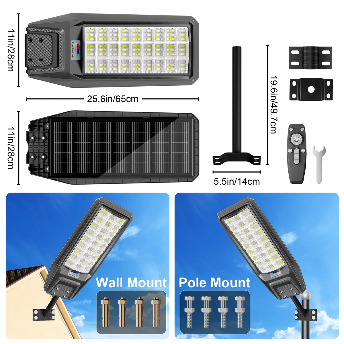 Solar street light parts including mounting pole, hardware, remote control and installation examples.