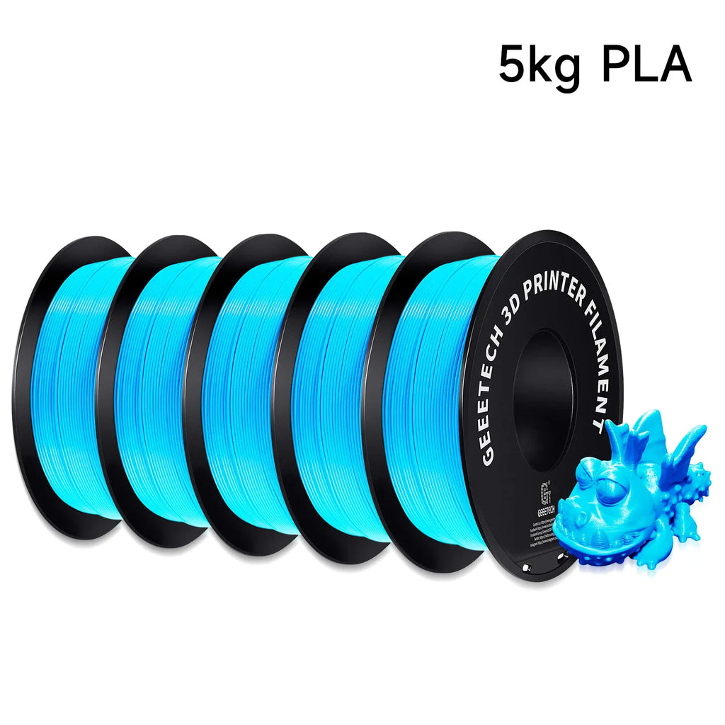 A spool of blue 3D printer PLA filament with a small 3D printed dragon toy.