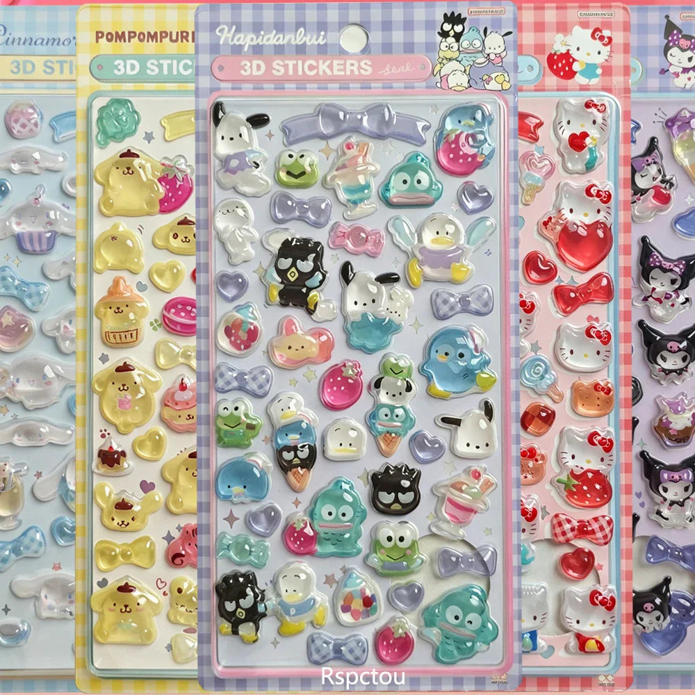 A set of four sheets of assorted 3D cartoon character stickers with bows and desserts.